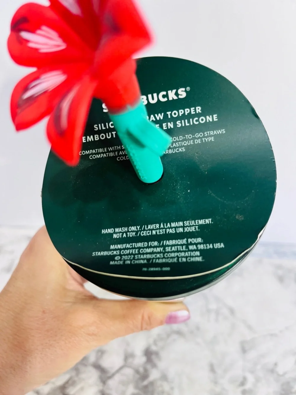 Starbucks Green Lid Cup Topper with Red Flower Straw